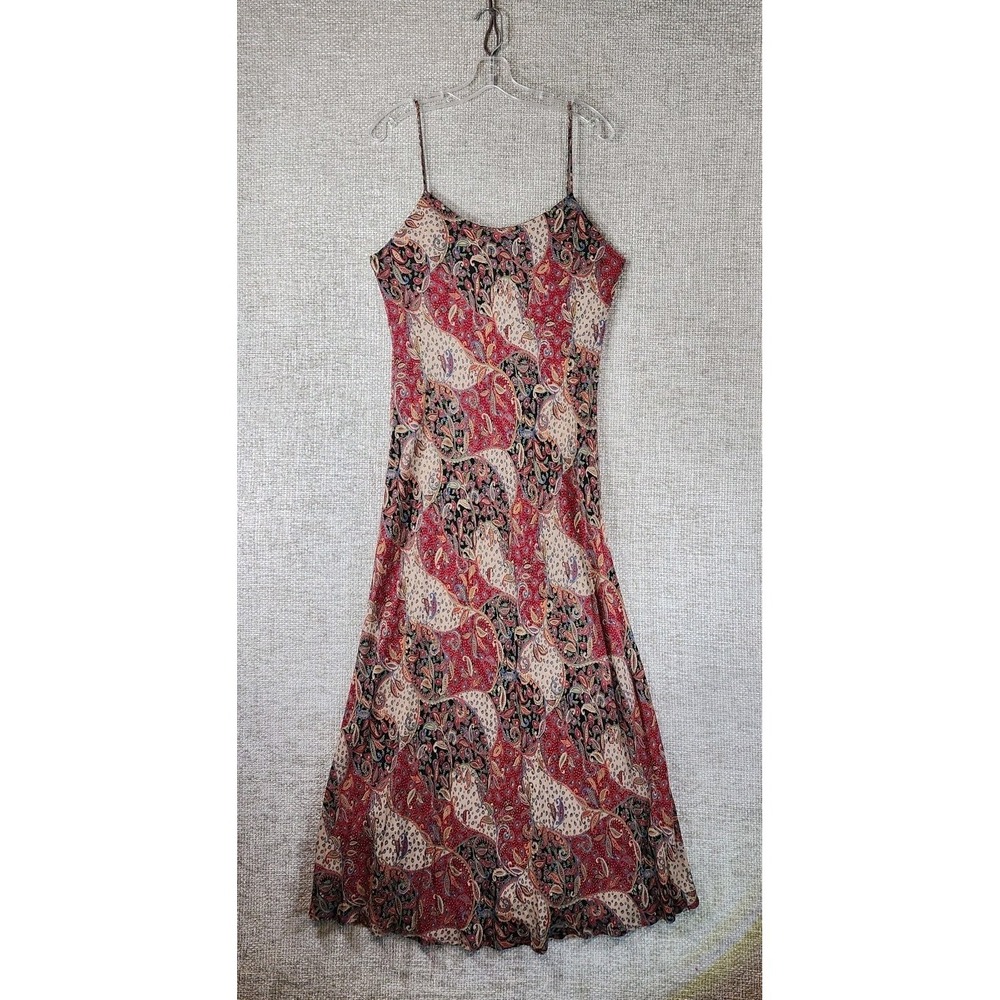 VTG‎ Karen Kane Paisley Cami Dress Womens 12 Red Tan Black Rayon Made in USA